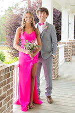 Fuchsia Spaghetti Strap V-Neck Slit Mermaid Dress
