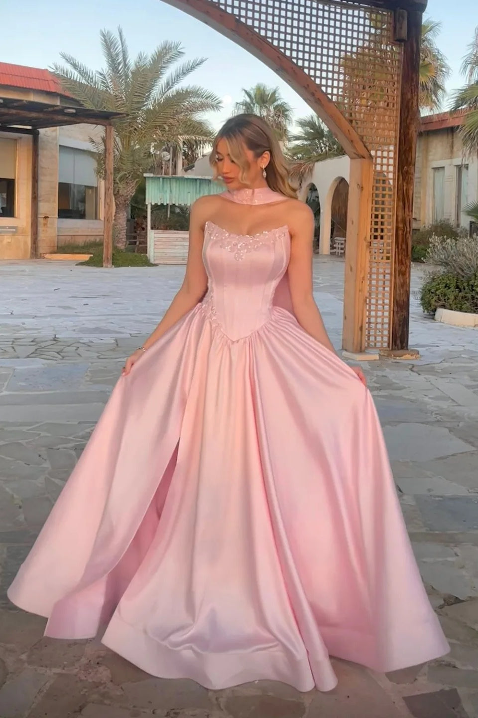 Pink Strapless Satin A-line Gown