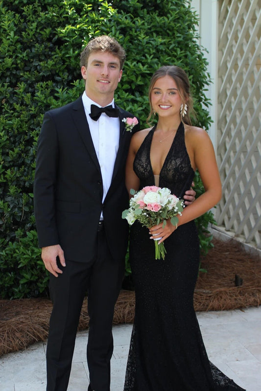 Black Halter Lace Mermaid Full-Length Dress