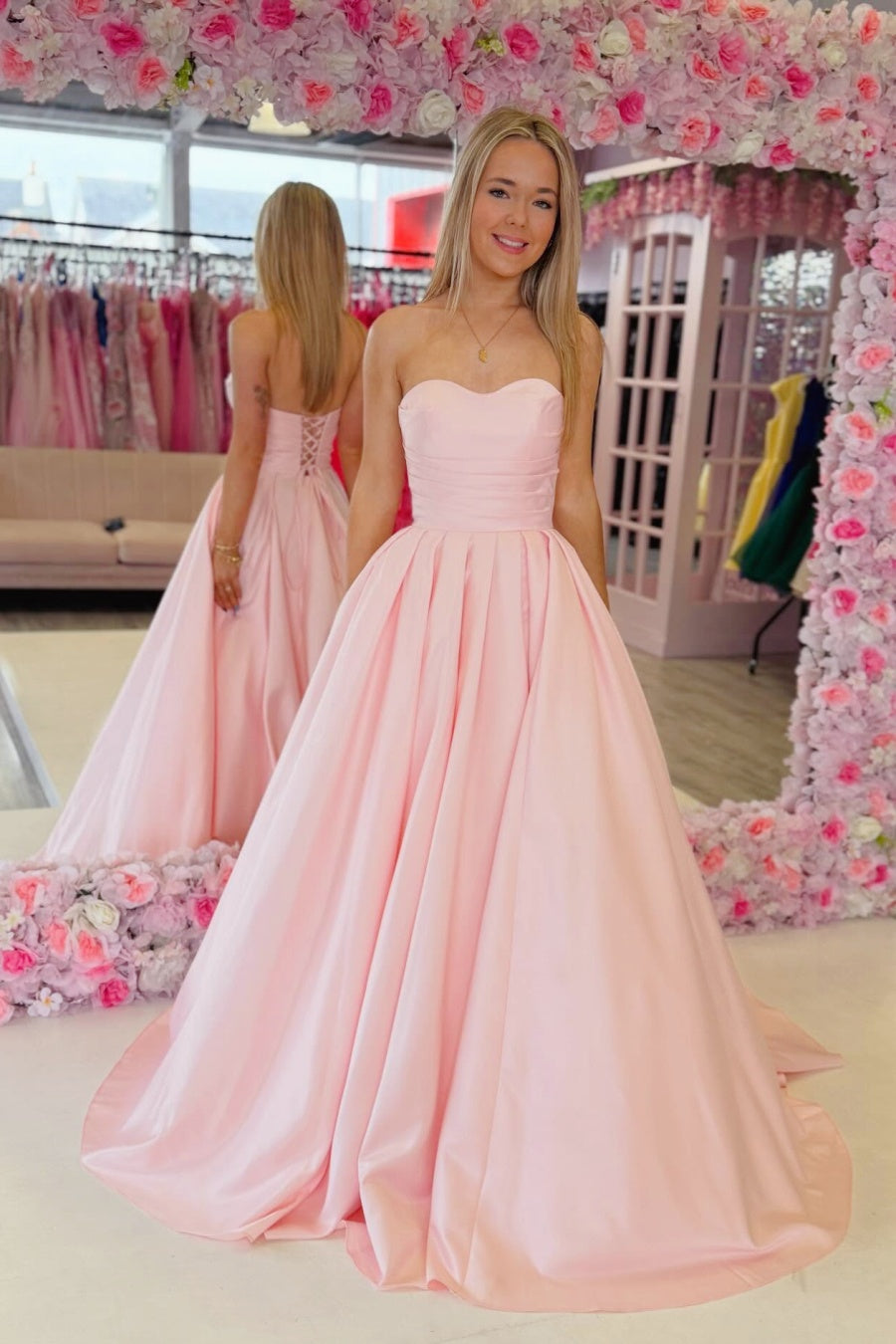 Pink Sweetheart Satin A-Line Prom Dress