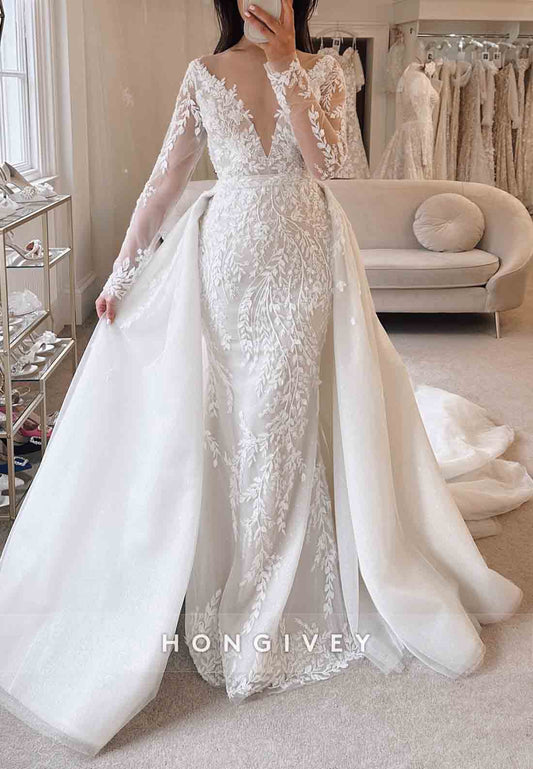 Lace Illusion V-Neck Detachable Long Sleeves Trumpet Wedding Dresses