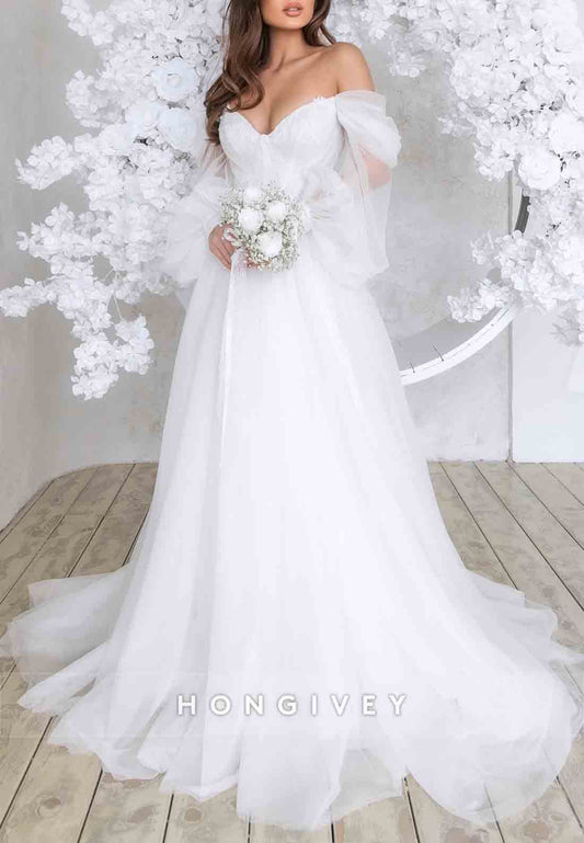 Low V-Neck Off the Shoulder Sweep Train Long Sleeves A-Line Tie Back Wedding Dresses