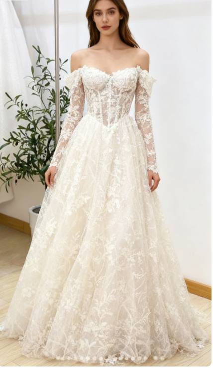 Timeless Bridal Gown Ball Gown Off The Shoulder White Lace Appliques Long Sleeves Wedding Dresses Elegant Bridal Gowns
