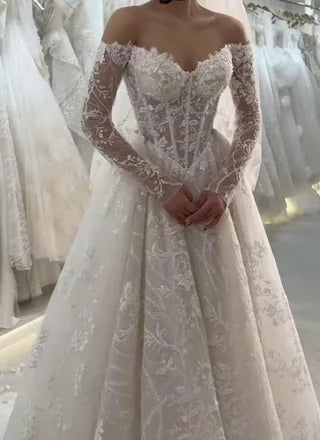 Timeless Bridal Gown Ball Gown Off The Shoulder White Lace Appliques Long Sleeves Wedding Dresses Elegant Bridal Gowns