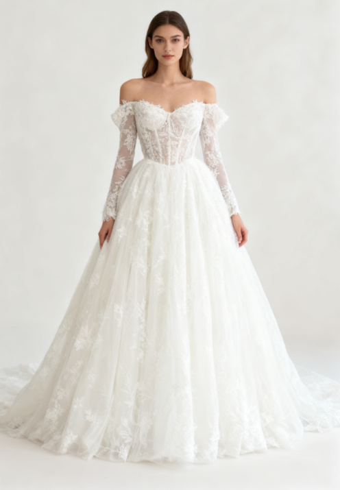Timeless Bridal Gown Ball Gown Off The Shoulder White Lace Appliques Long Sleeves Wedding Dresses Elegant Bridal Gowns
