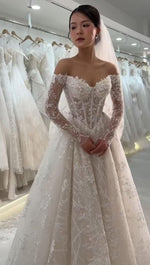 Timeless Bridal Gown Ball Gown Off The Shoulder White Lace Appliques Long Sleeves Wedding Dresses Elegant Bridal Gowns