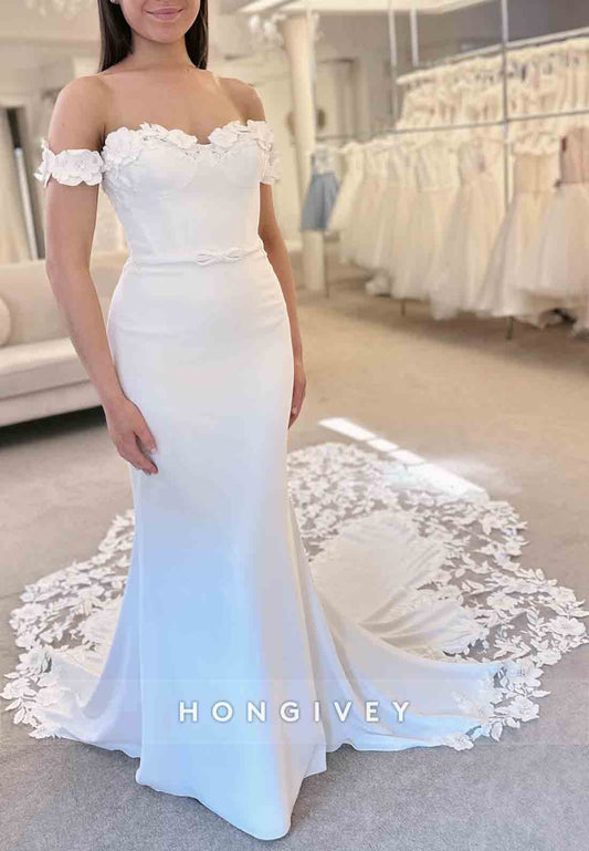 Off the Shoulder Chapel Train Trumpet Low Back Bowknot Flowers Wedding Dresses