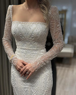 Square Neck Lace Long Sleeve Beaded Mermaid Wedding Dress
