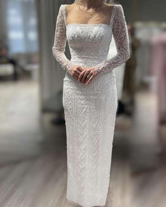 Square Neck Lace Long Sleeve Beaded Mermaid Wedding Dress