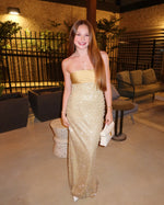 Golden Sequin and Pearls Strapless Bodycon Prom Dress