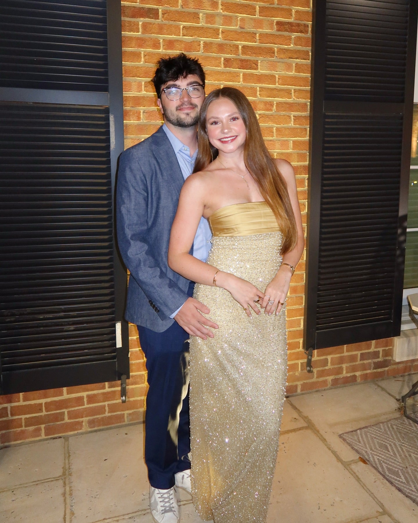 Golden Sequin and Pearls Strapless Bodycon Prom Dress