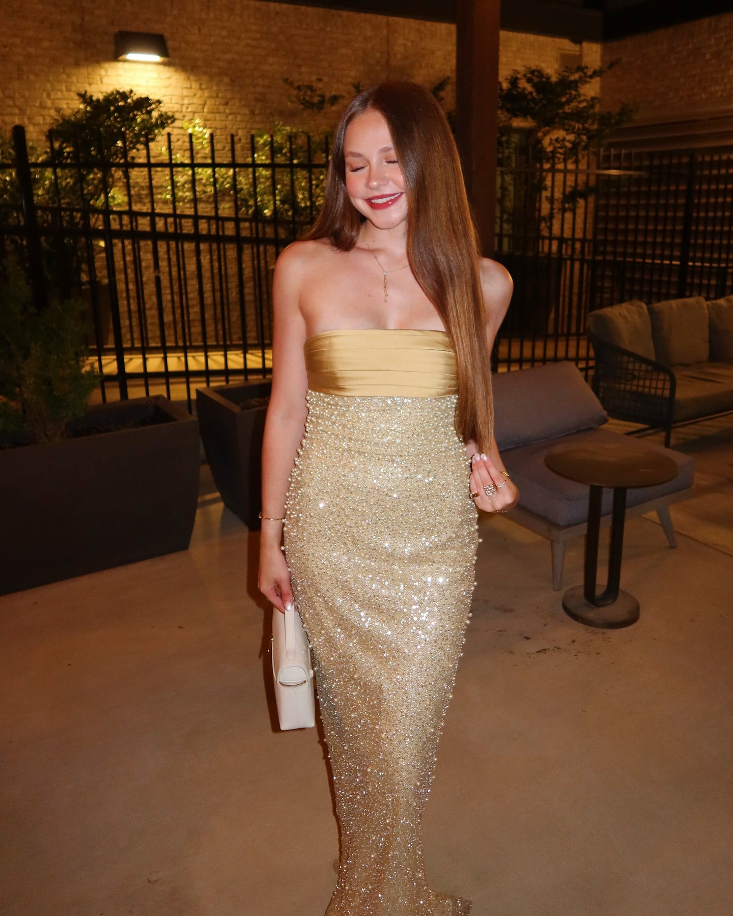 Golden Sequin and Pearls Strapless Bodycon Prom Dress