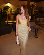 Golden Sequin and Pearls Strapless Bodycon Prom Dress