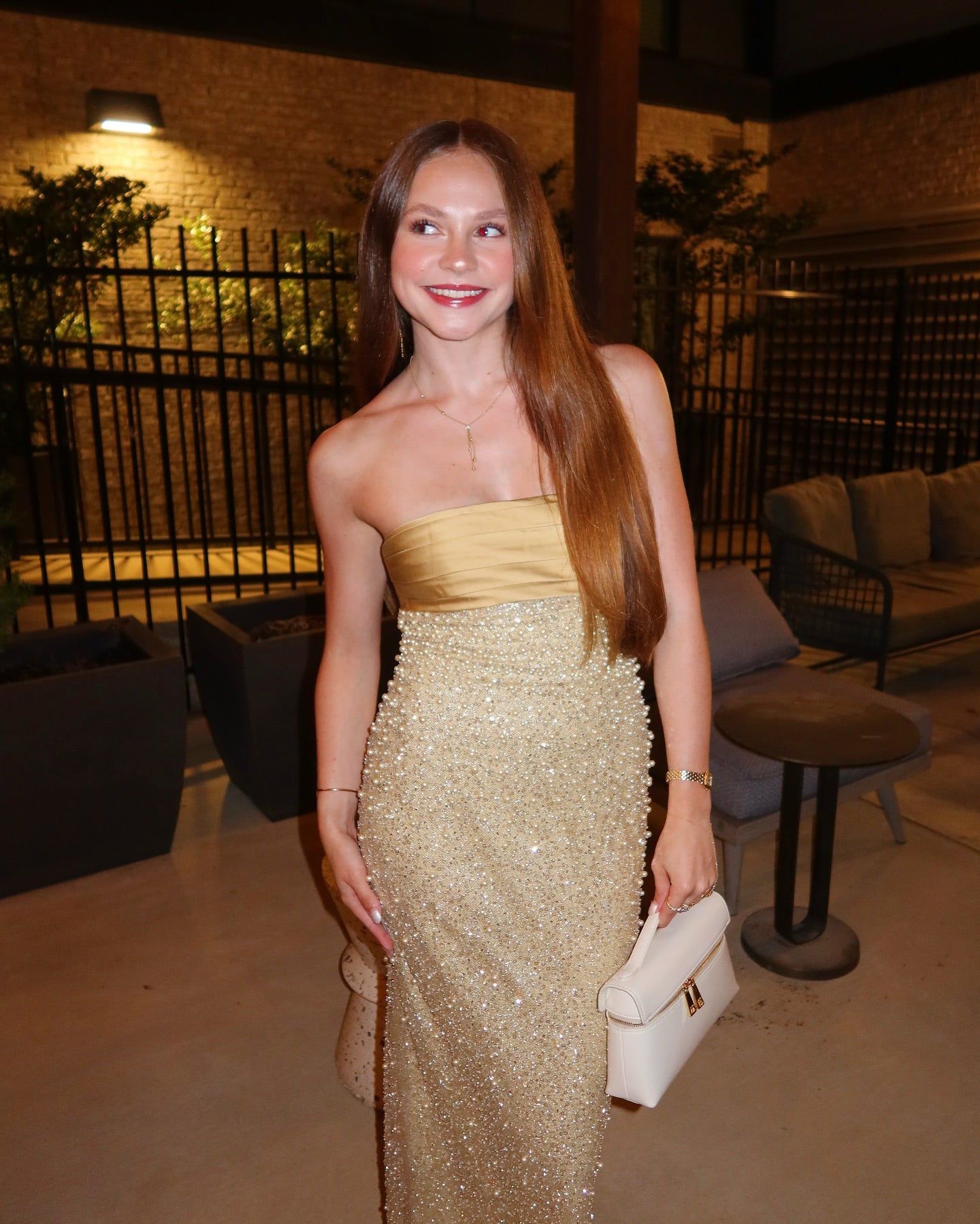 Golden Sequin and Pearls Strapless Bodycon Prom Dress