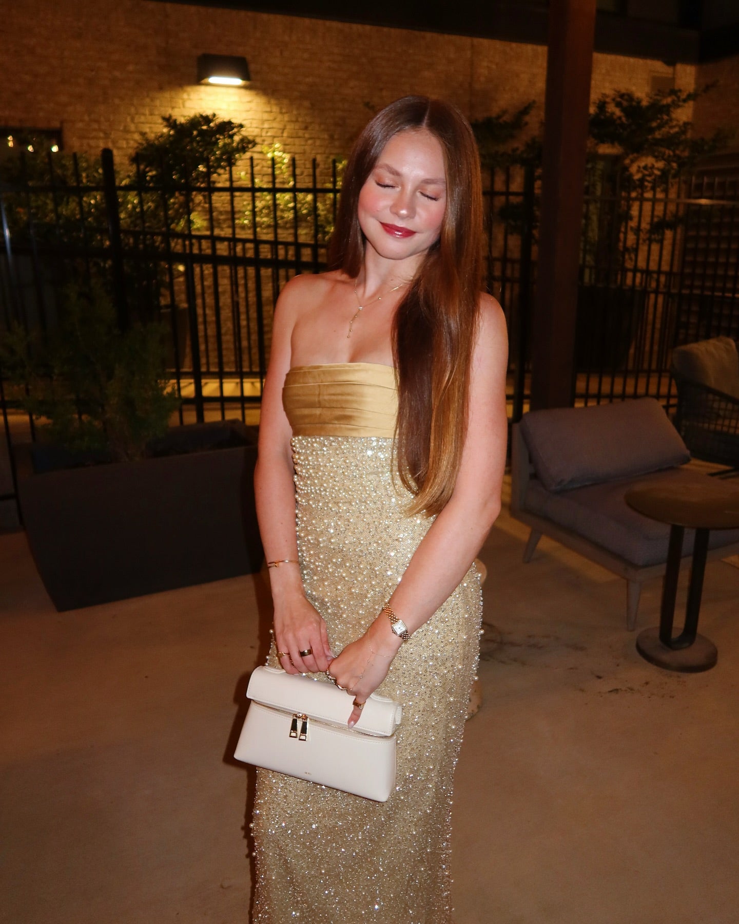 Golden Sequin and Pearls Strapless Bodycon Prom Dress