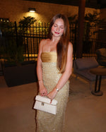 Golden Sequin and Pearls Strapless Bodycon Prom Dress