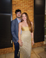 Golden Sequin and Pearls Strapless Bodycon Prom Dress