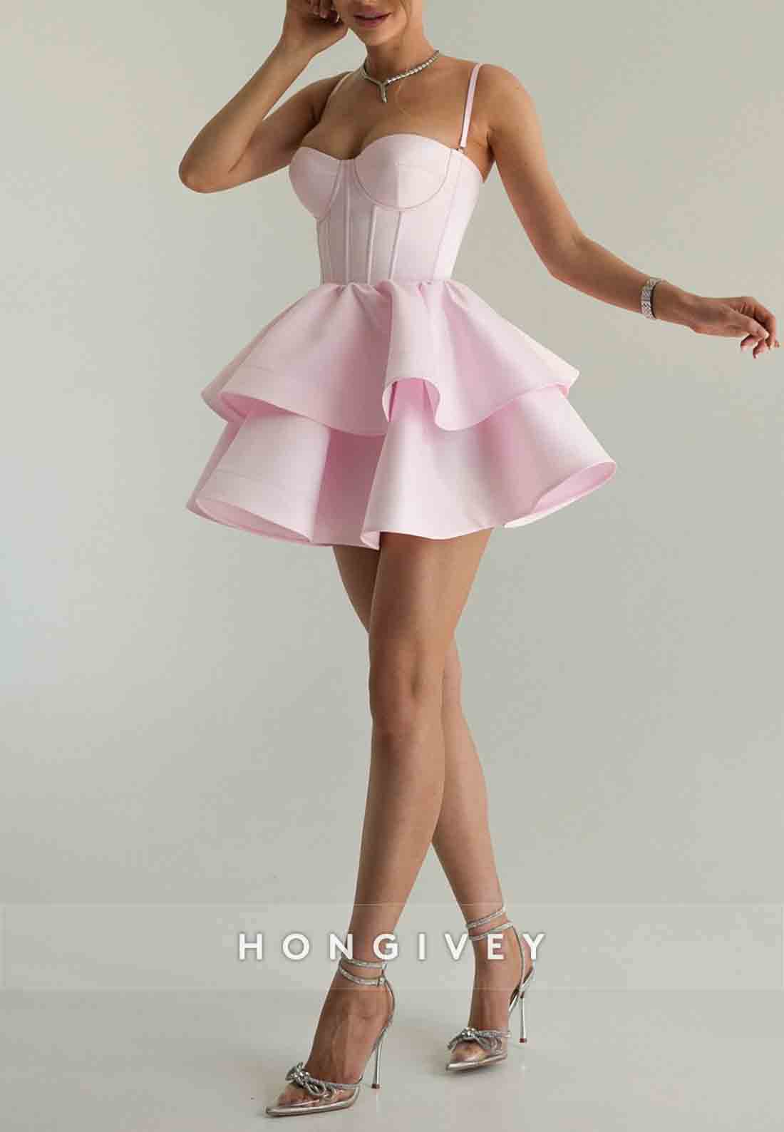 Light Pink Sweetheart Pleated Spaghetti Straps Princess Short Homecoming Dress