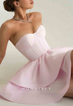 Light Pink Sweetheart Pleated Spaghetti Straps Princess Short Homecoming Dress