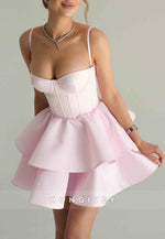 Light Pink Sweetheart Pleated Spaghetti Straps Princess Short Homecoming Dress