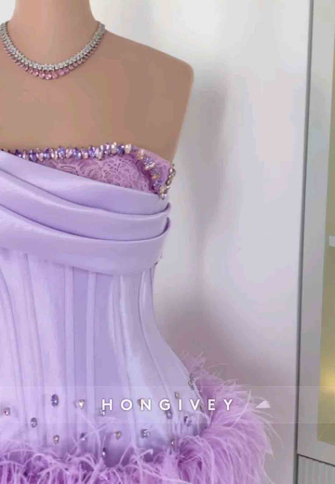 Lilac Off the Shoulder Satin Rhinestone Short Homecoming Dress with Feather