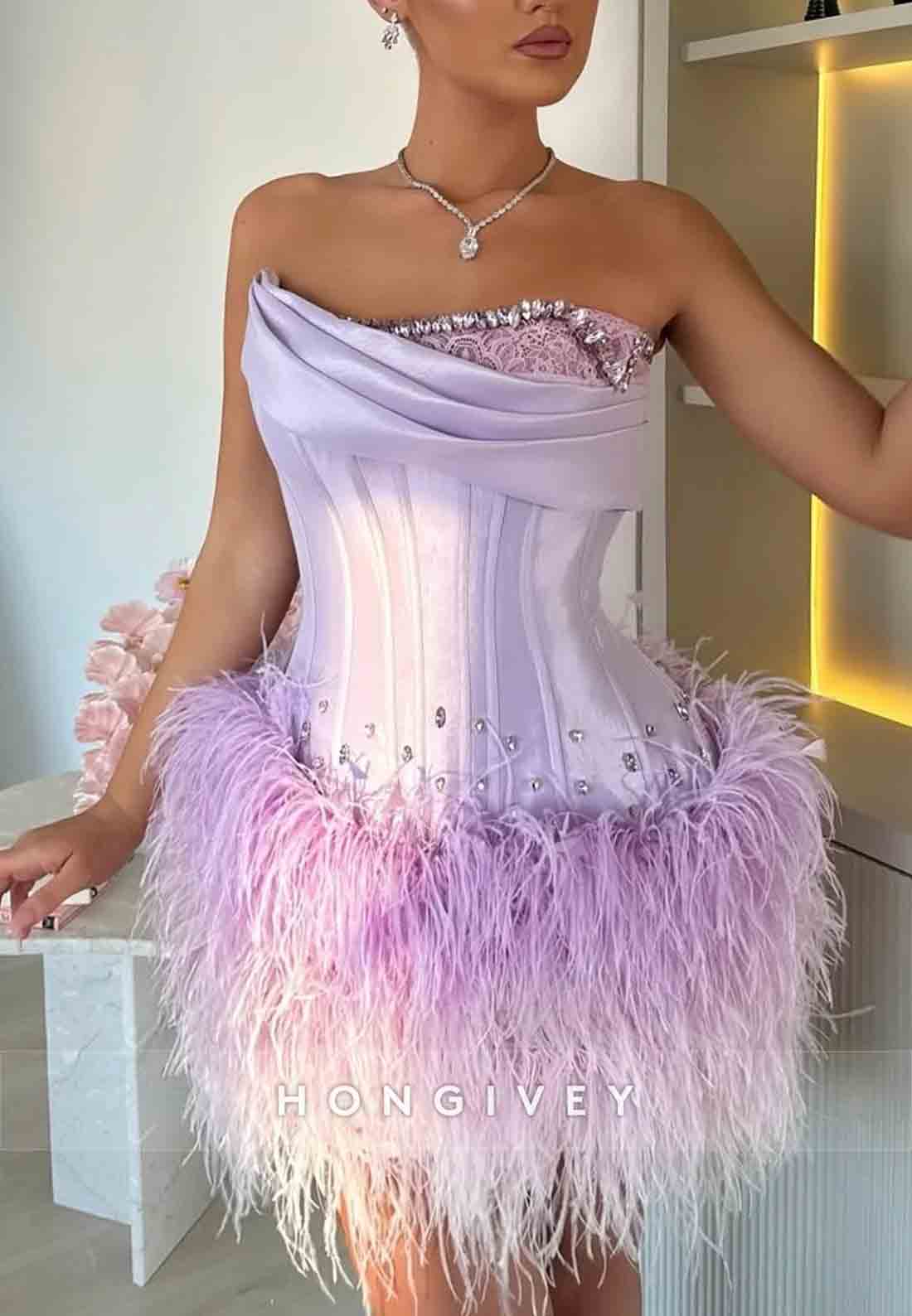 Lilac Off the Shoulder Satin Rhinestone Short Homecoming Dress with Feather