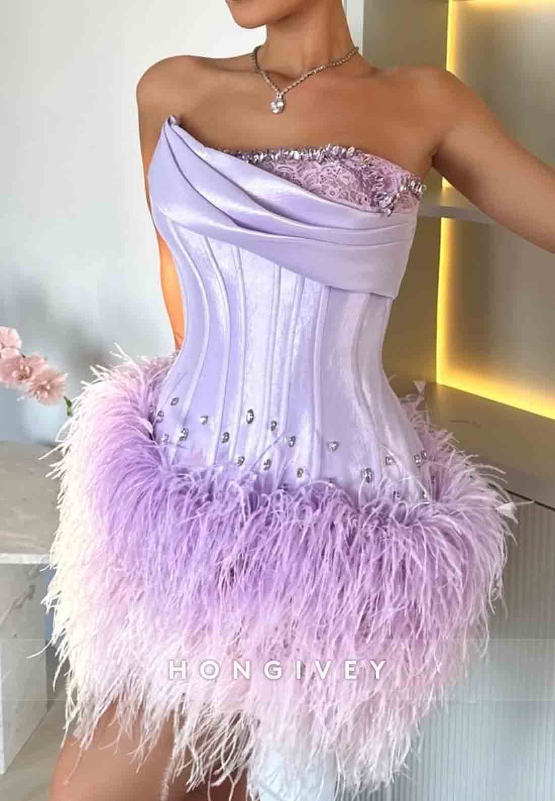 Lilac Off the Shoulder Satin Rhinestone Short Homecoming Dress with Feather