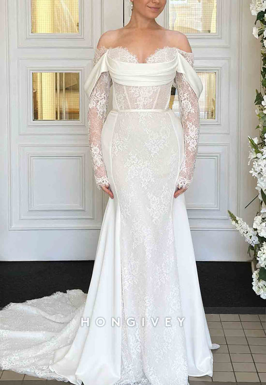 Off the Shoulder Long Sleeves Court Train Detachable Lace Wedding Dresses