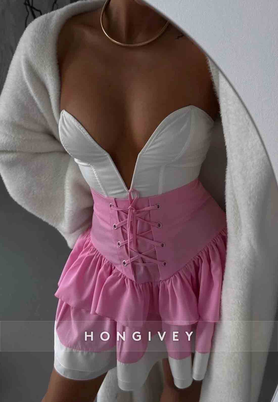 Cute V-Neck Crisscross A-Line Pink Short Homecoming Dress with Ruffles