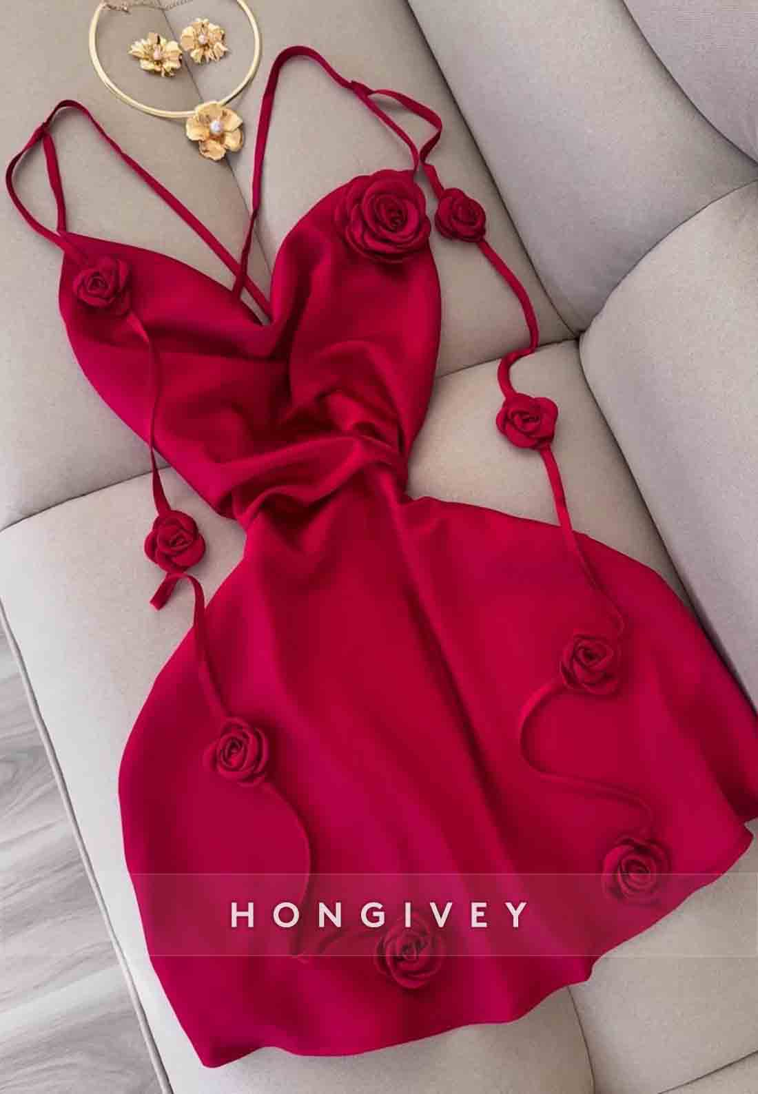 Red Spaghetti Straps Crisscross Back Short Homecoming Dress with Flowers