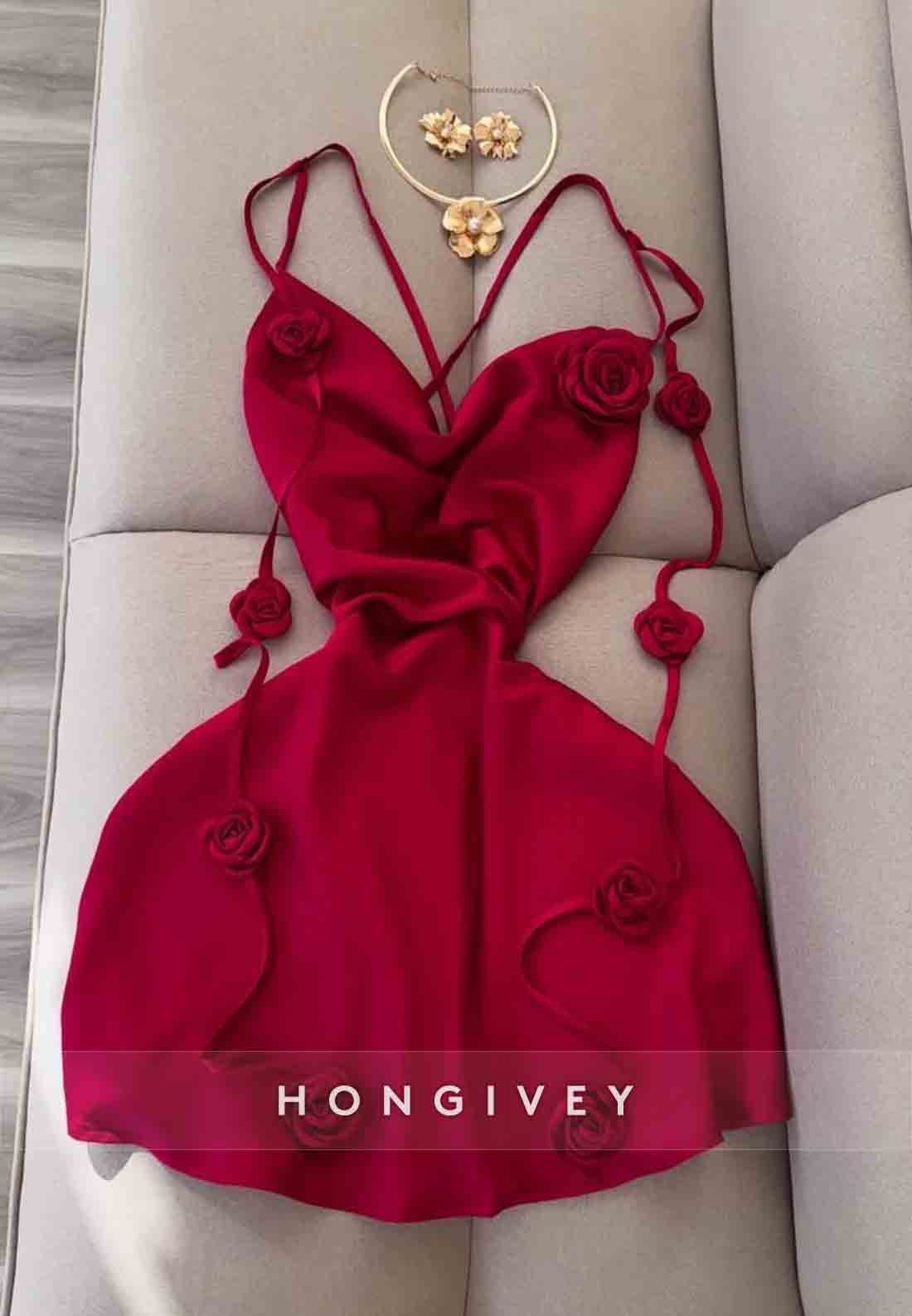 Red Spaghetti Straps Crisscross Back Short Homecoming Dress with Flowers