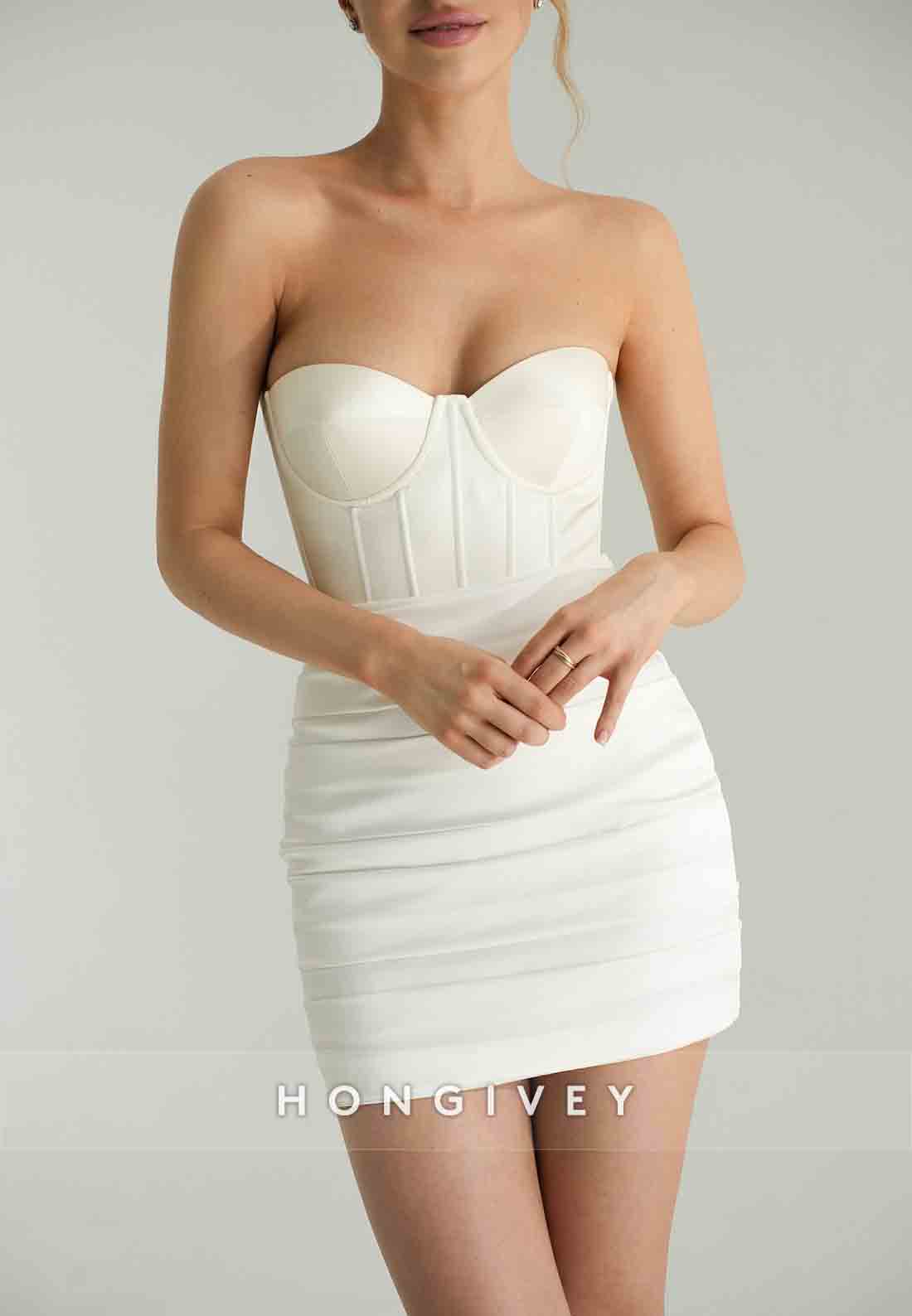 Strapless Side Draping Ruched Crisscross Back Sheath Short Homecoming Dress