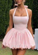 Pink A-Line Halter Sleeveless Tie Back Pleated Short Homecoming Dress