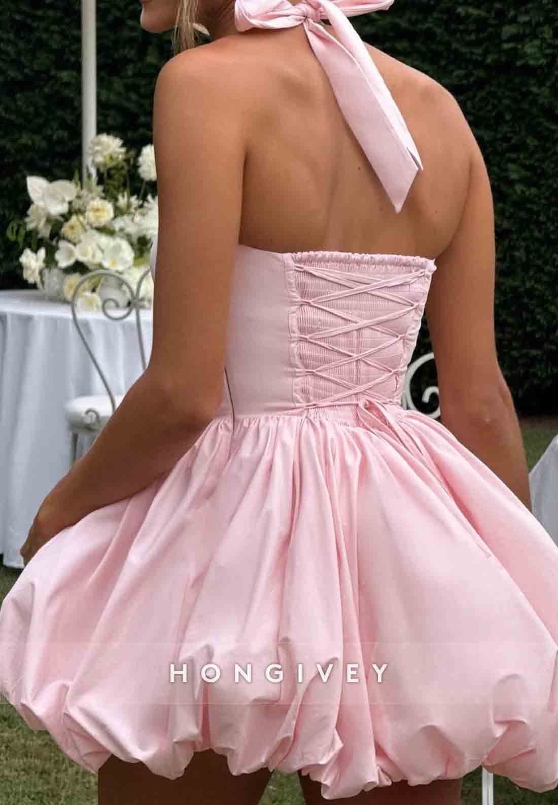 Pink A-Line Halter Sleeveless Tie Back Pleated Short Homecoming Dress