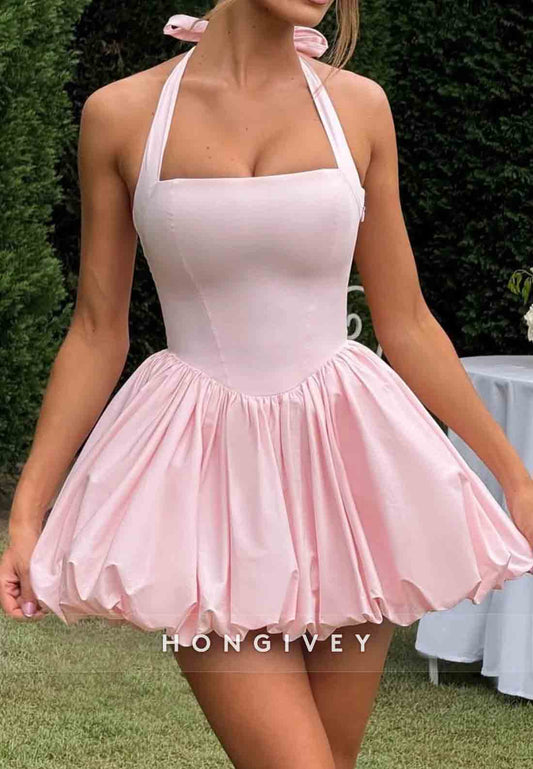 Pink A-Line Halter Sleeveless Tie Back Pleated Short Homecoming Dress
