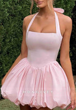 Pink A-Line Halter Sleeveless Tie Back Pleated Short Homecoming Dress