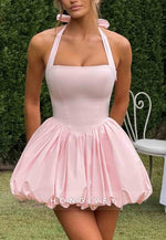 Pink A-Line Halter Sleeveless Tie Back Pleated Short Homecoming Dress