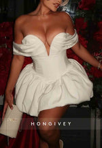 Off the Shoulder Low Back Ball Gown V-Neck Pleated Short Homecoming Dress