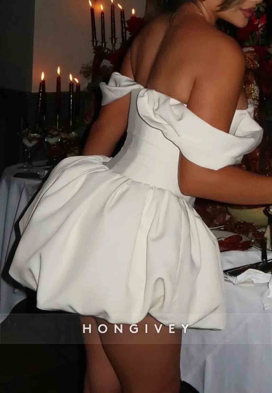 Off the Shoulder Low Back Ball Gown V-Neck Pleated Short Homecoming Dress