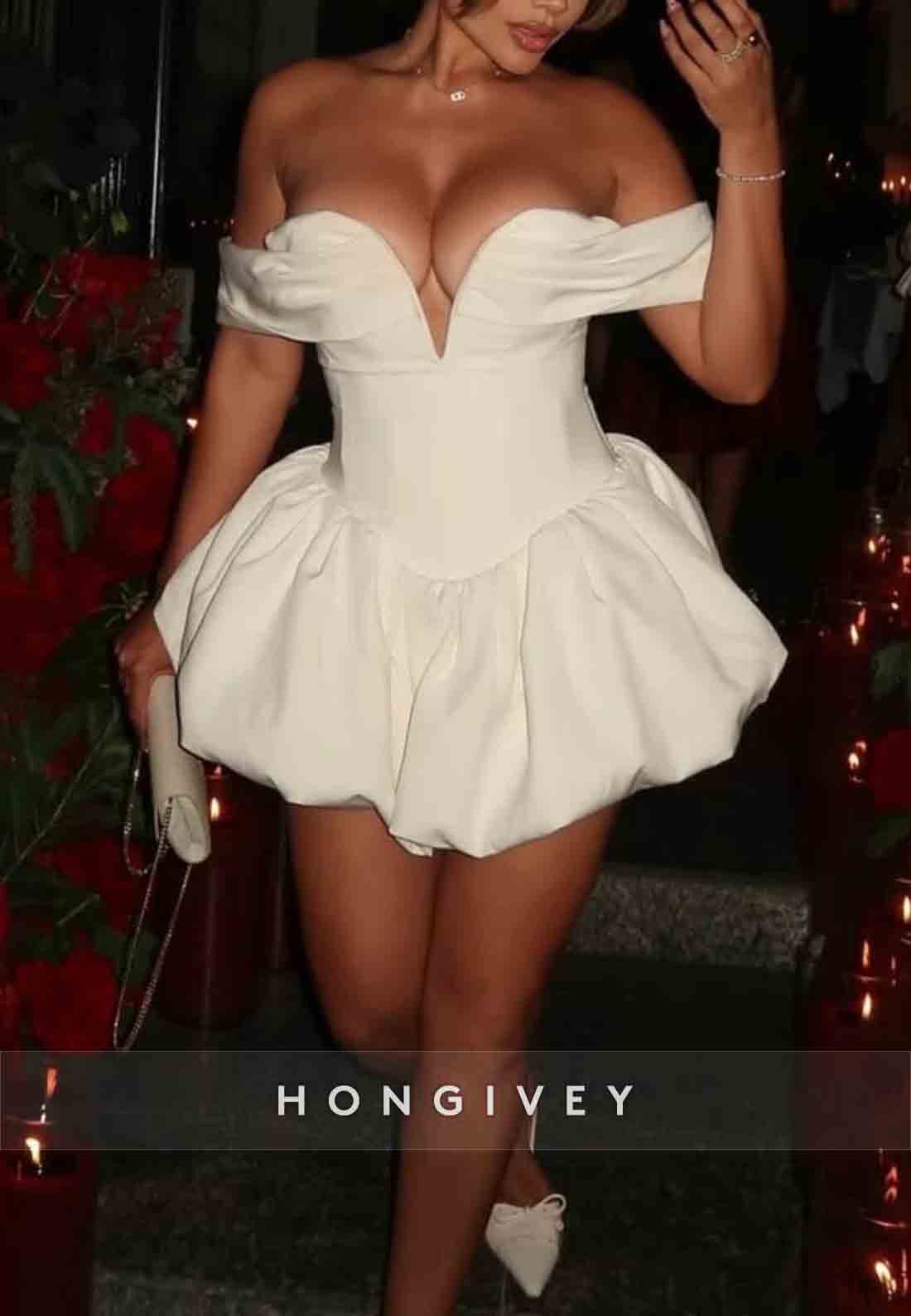 Off the Shoulder Low Back Ball Gown V-Neck Pleated Short Homecoming Dress