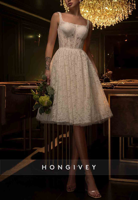 Lace Square A-Line Knee-Length Low Back Sleeveless Wedding Dresses