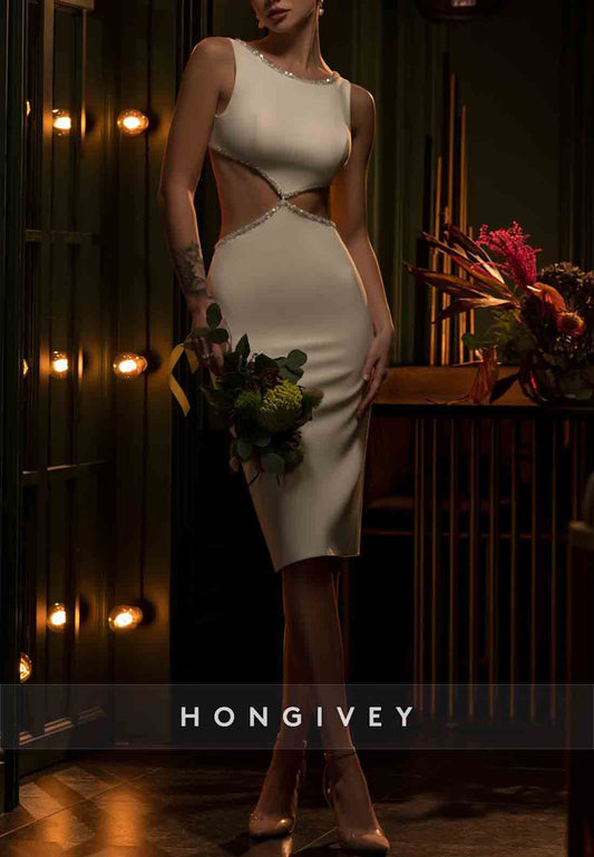 Knee-Length Scoop Sleeveless Cut out Back Trim Sheath Wedding Dresses