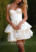 Spaghetti Straps Satin Sweetheart Pleated A-Line Short Homecoming Dresses