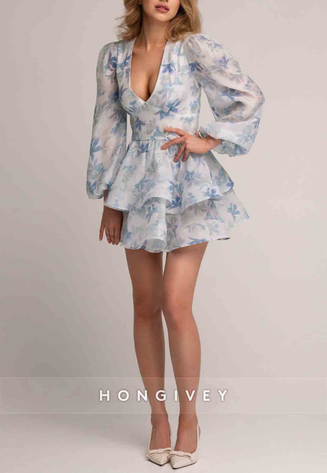 Low V-Neck Floral Print A-Line Long Sleeves Mini Homecoming Dress