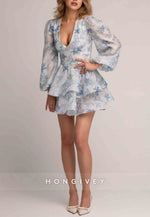 Low V-Neck Floral Print A-Line Long Sleeves Mini Homecoming Dress