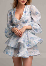 Low V-Neck Floral Print A-Line Long Sleeves Mini Homecoming Dress