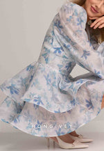 Low V-Neck Floral Print A-Line Long Sleeves Mini Homecoming Dress