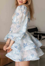 Low V-Neck Floral Print A-Line Long Sleeves Mini Homecoming Dress