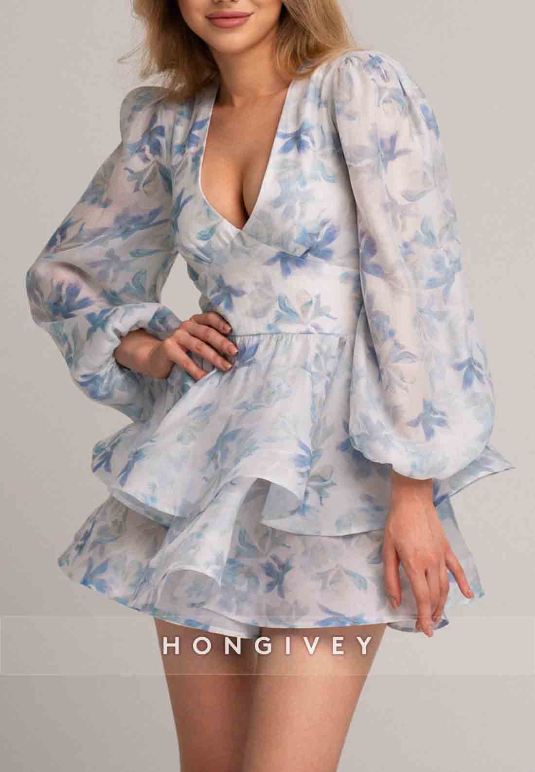 Low V-Neck Floral Print A-Line Long Sleeves Mini Homecoming Dress