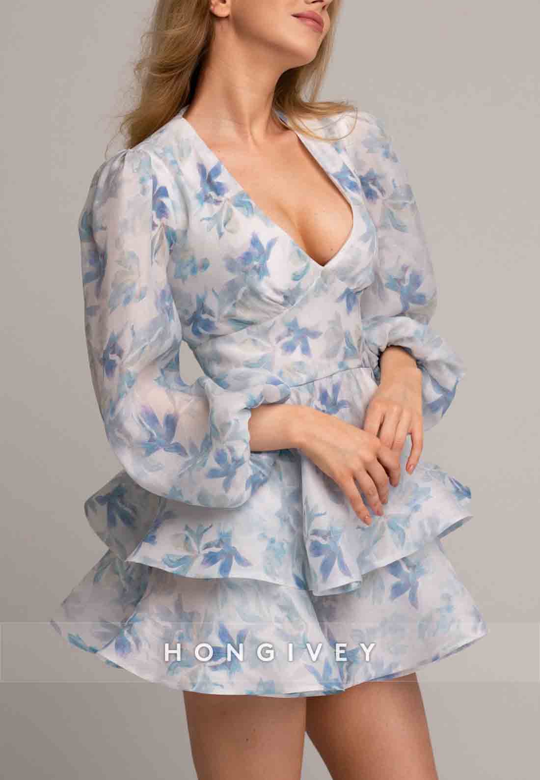 Low V-Neck Floral Print A-Line Long Sleeves Mini Homecoming Dress
